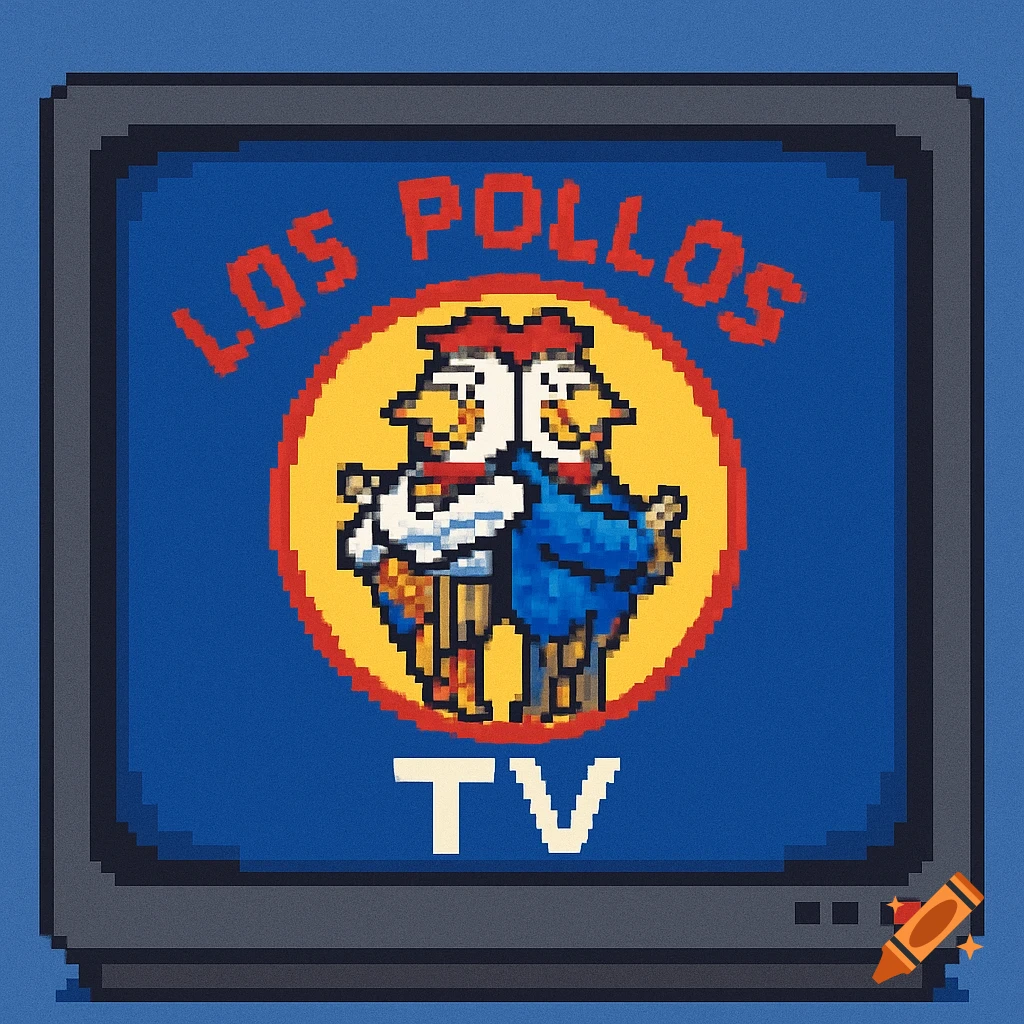 Pixel art Los Pollos logo with chickens inside a TV screen