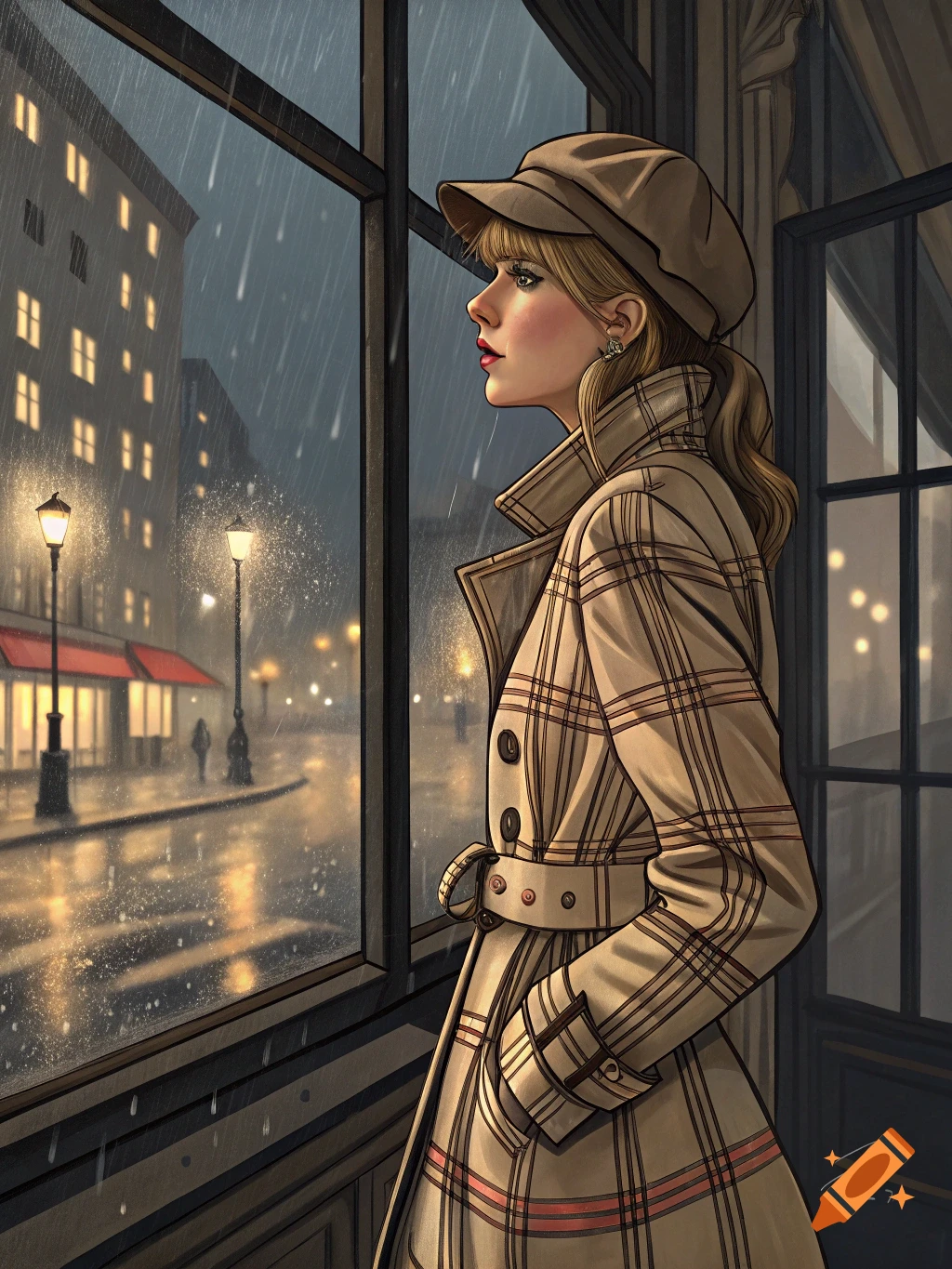 An illustrated image of a woman in a trench coat looking out a window at a rainy city street at night.