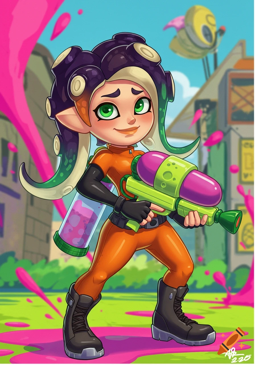 Cartoon character resembling Splatoon's Marina in an orange suit, holding a splattershot in a vibrant environment.