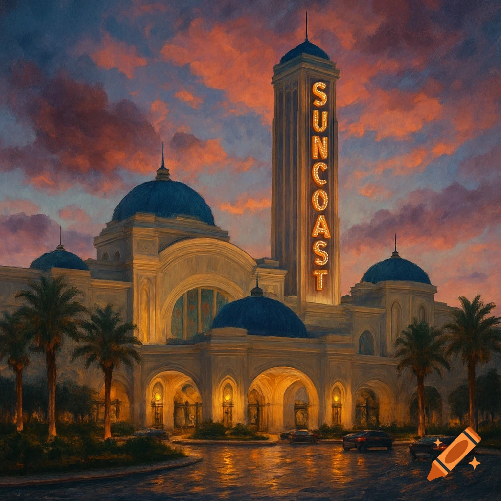 Suncoast Casino building at sunset in a painterly style.