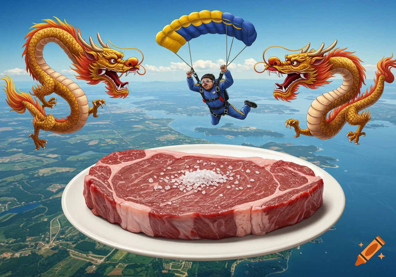 A person skydiving with a parachute above a giant steak floating in the sky, flanked by two Chinese dragons.