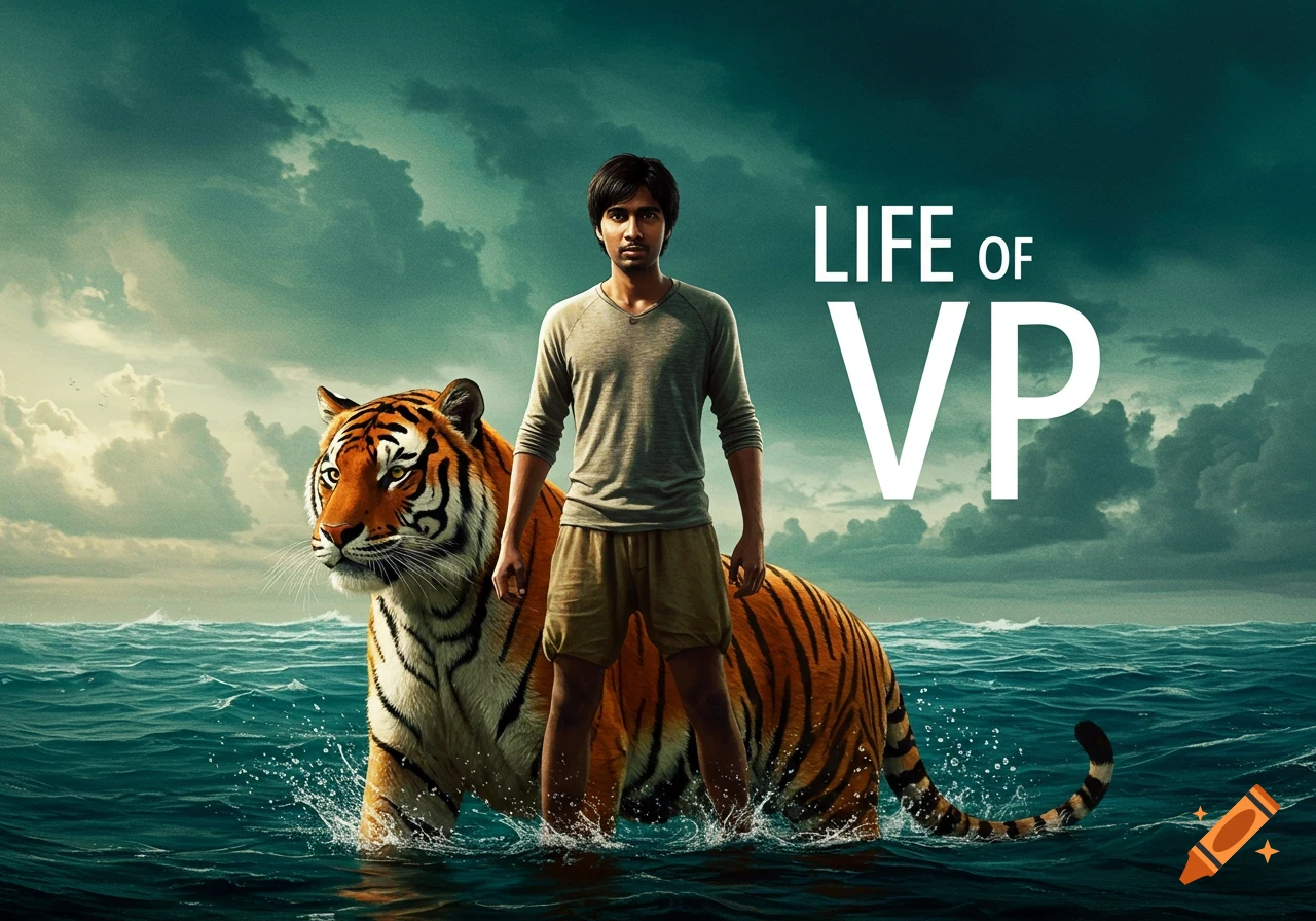 Movie poster style image of a man standing in the ocean with a tiger and the title LIFE OF VP.