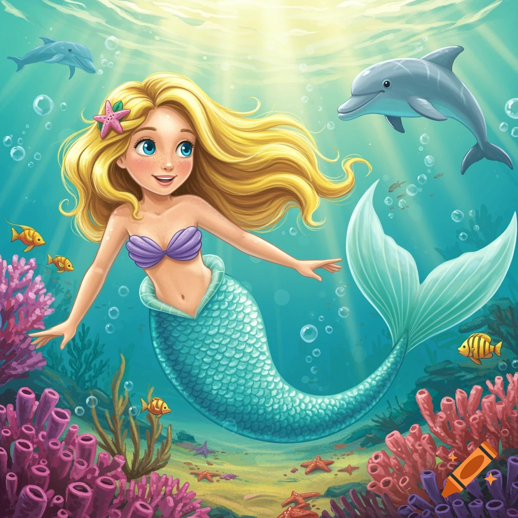 Cartoon mermaid with blonde hair and blue tail swimming underwater with dolphins and colorful coral.