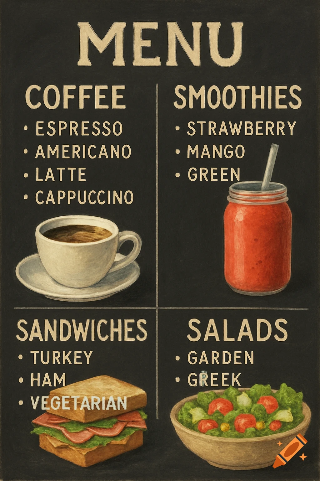 Illustration of a cafe menu board listing coffee, smoothies, sandwiches, and salads with illustrations of food items.