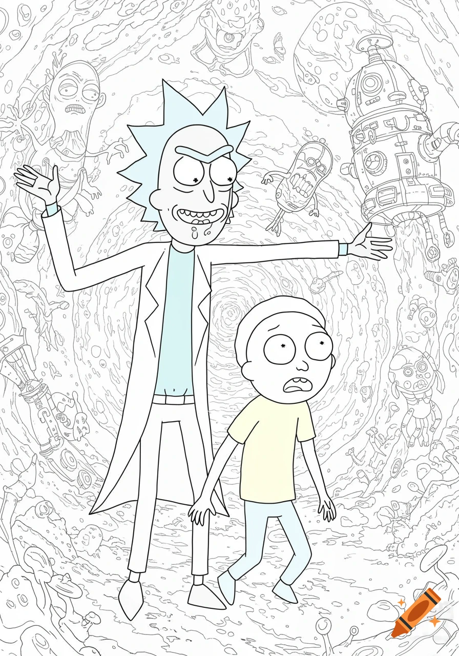 Line art colouring page of Rick and Morty standing in a strange, alien dimension.