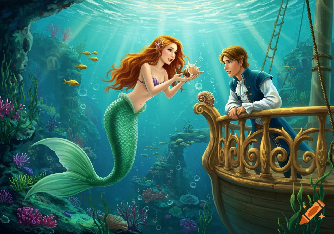A mermaid reaches up from underwater to show a shell to a prince on a boat above.