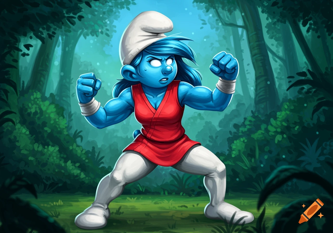 Muscular female Smurf in a fighting stance in a forest illustration