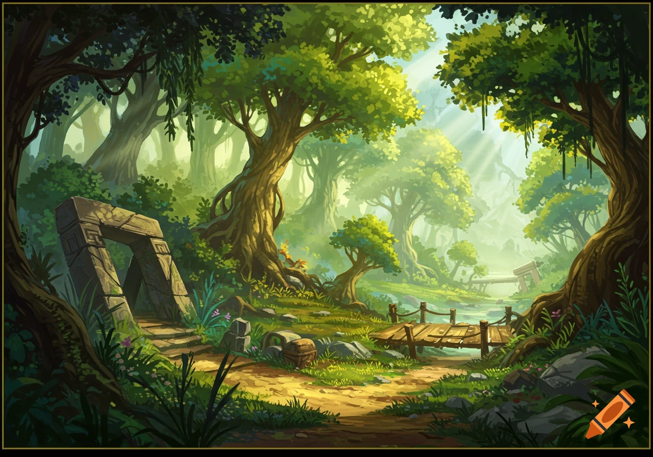 Stylized painting of a sunny fantasy forest with ruins and a bridge over a stream.