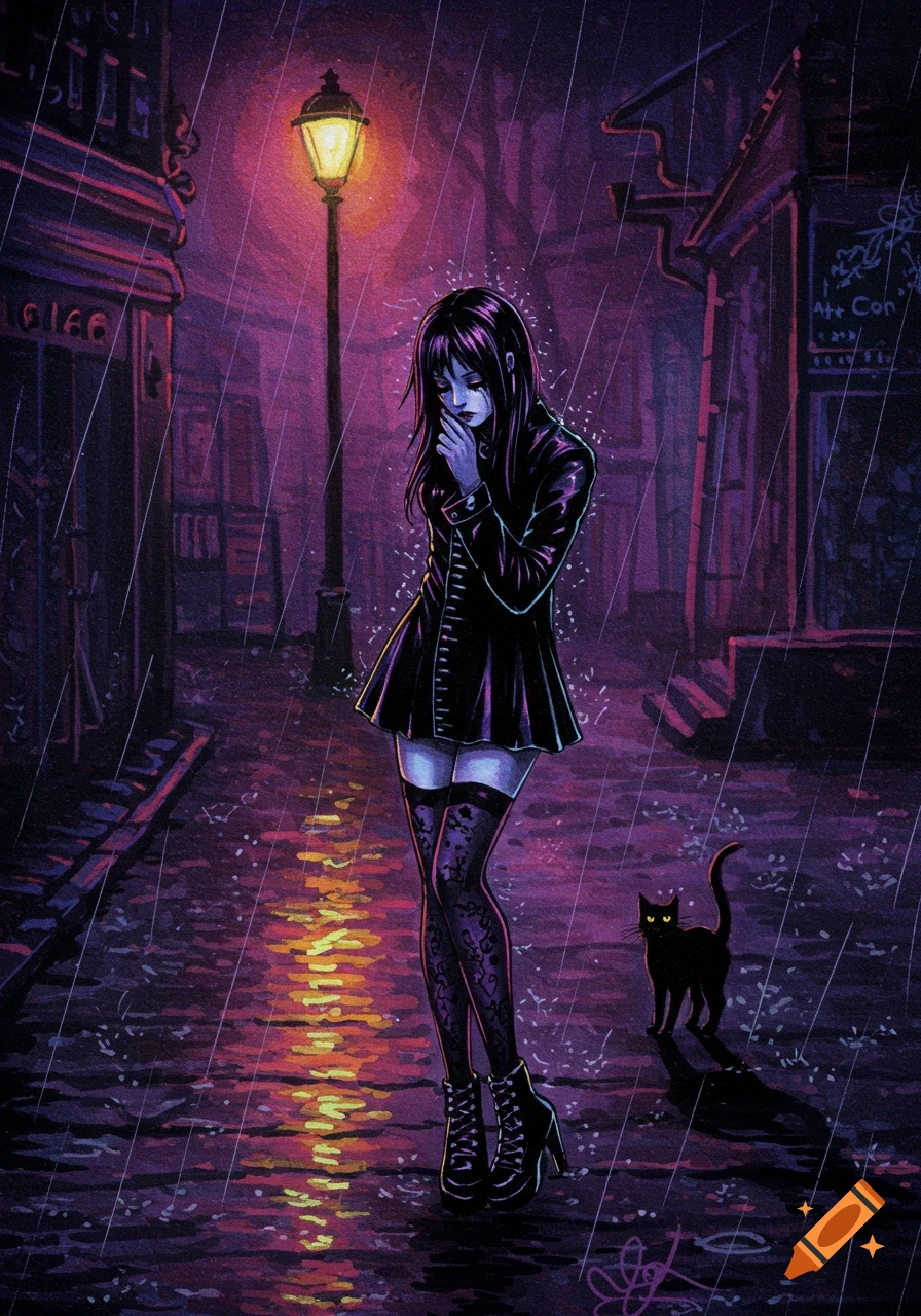 A sad cybergoth girl in a black coat and patterned stockings stands in the rain under a lamppost with a black cat behind her. Digital painting.
