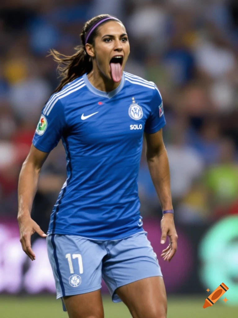 Hope Solo, wearing a blue soccer jersey, sticks out her tongue on a field