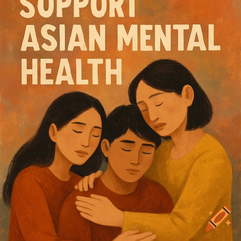 Illustration of three Asian people embracing, with text 'SUPPORT ASIAN MENTAL HEALTH'.