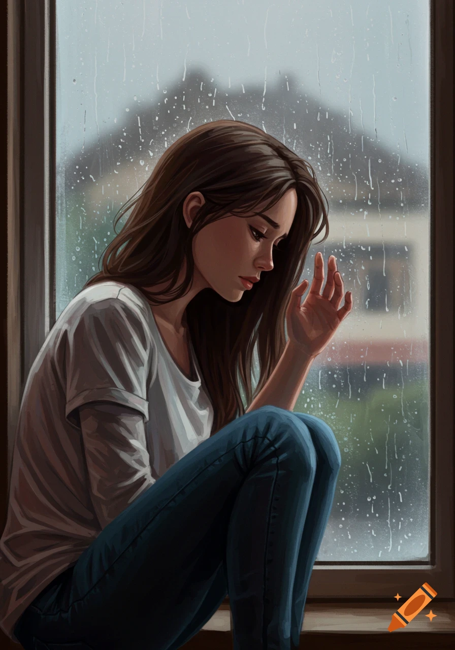 Digital painting of a sad woman sitting by a window, touching the glass as rain falls outside.