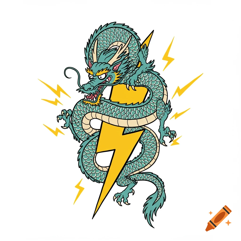 Cartoon teal dragon wrapped around a yellow lightning bolt with smaller lightning bolts.