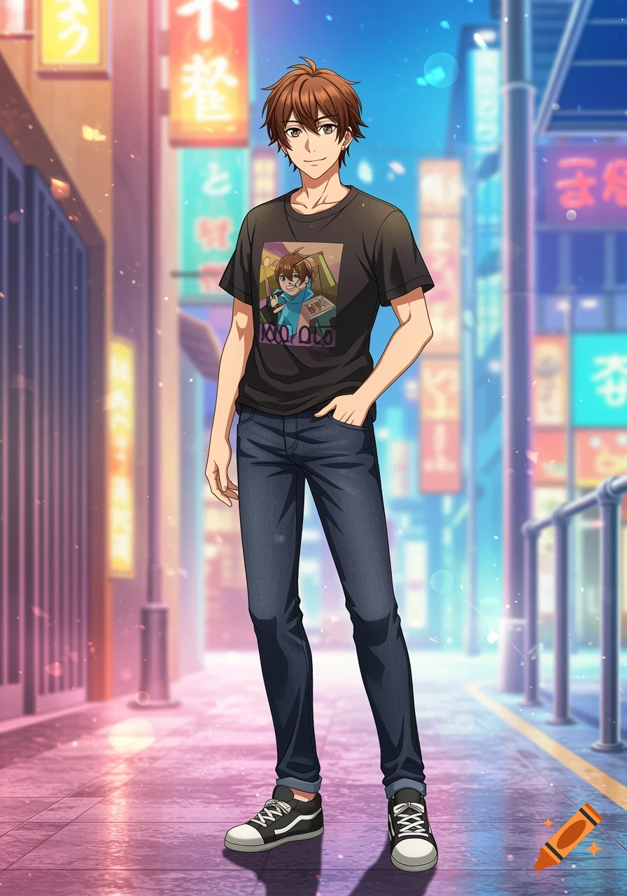 Anime boy with brown hair standing on a city street at night.
