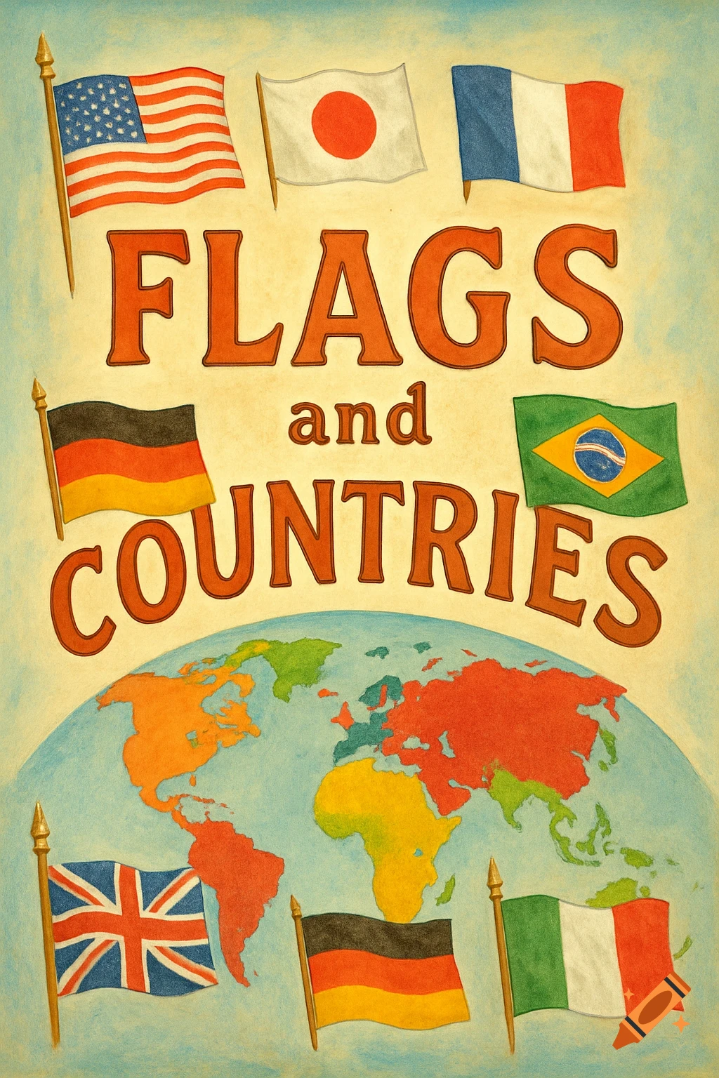 Illustration of flags from several countries (USA, Japan, France, Germany, Brazil, UK, Italy) around a world map with the title 'FLAGS and COUNTRIES'.