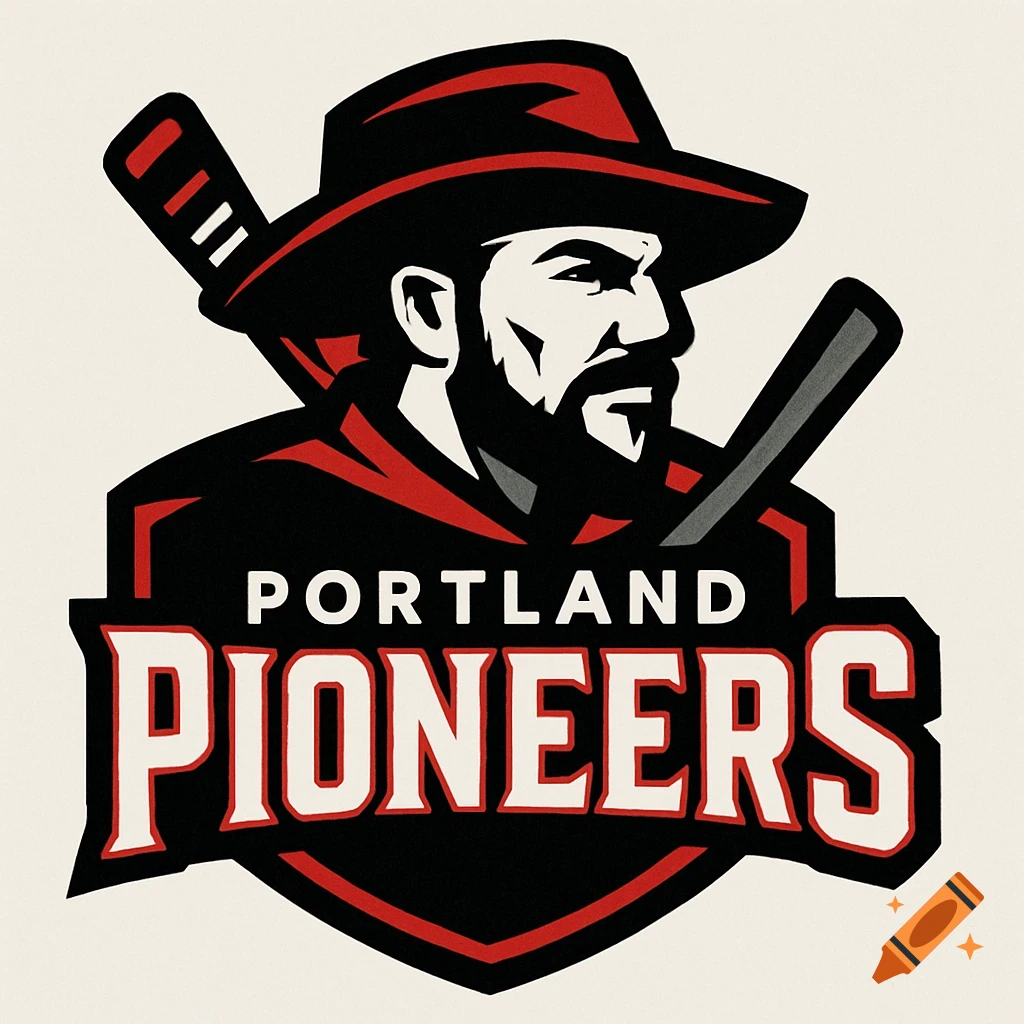 Logo for Portland Pioneers sports team, featuring a person in a hat with bats in red and black.