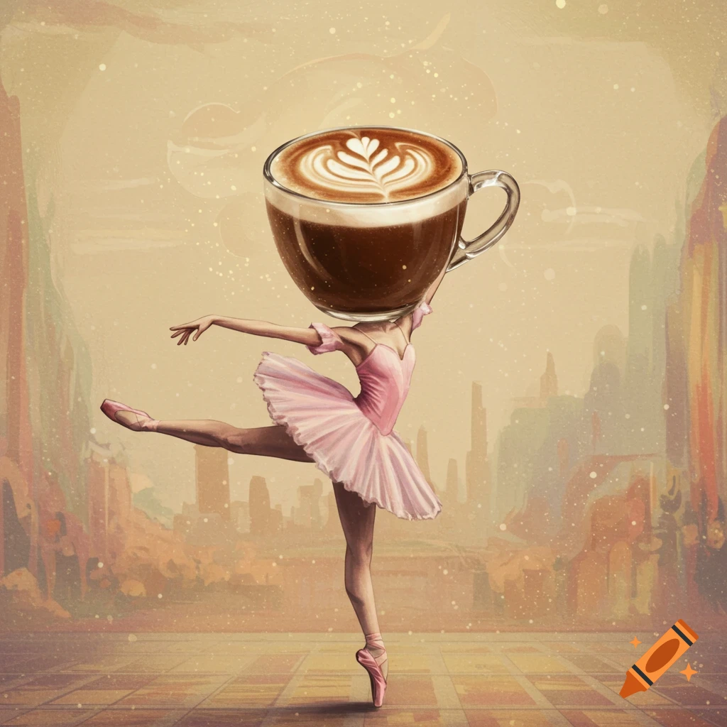 Illustrative painting of a ballerina with a coffee cup for a head dancing on a stage.