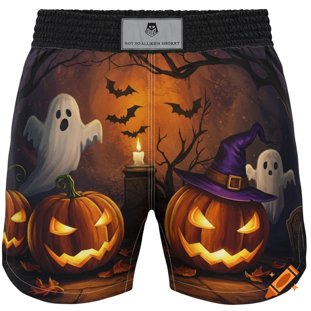 Boxing shorts with a Halloween scene featuring jack-o'-lanterns, ghosts, bats, and a witch hat.