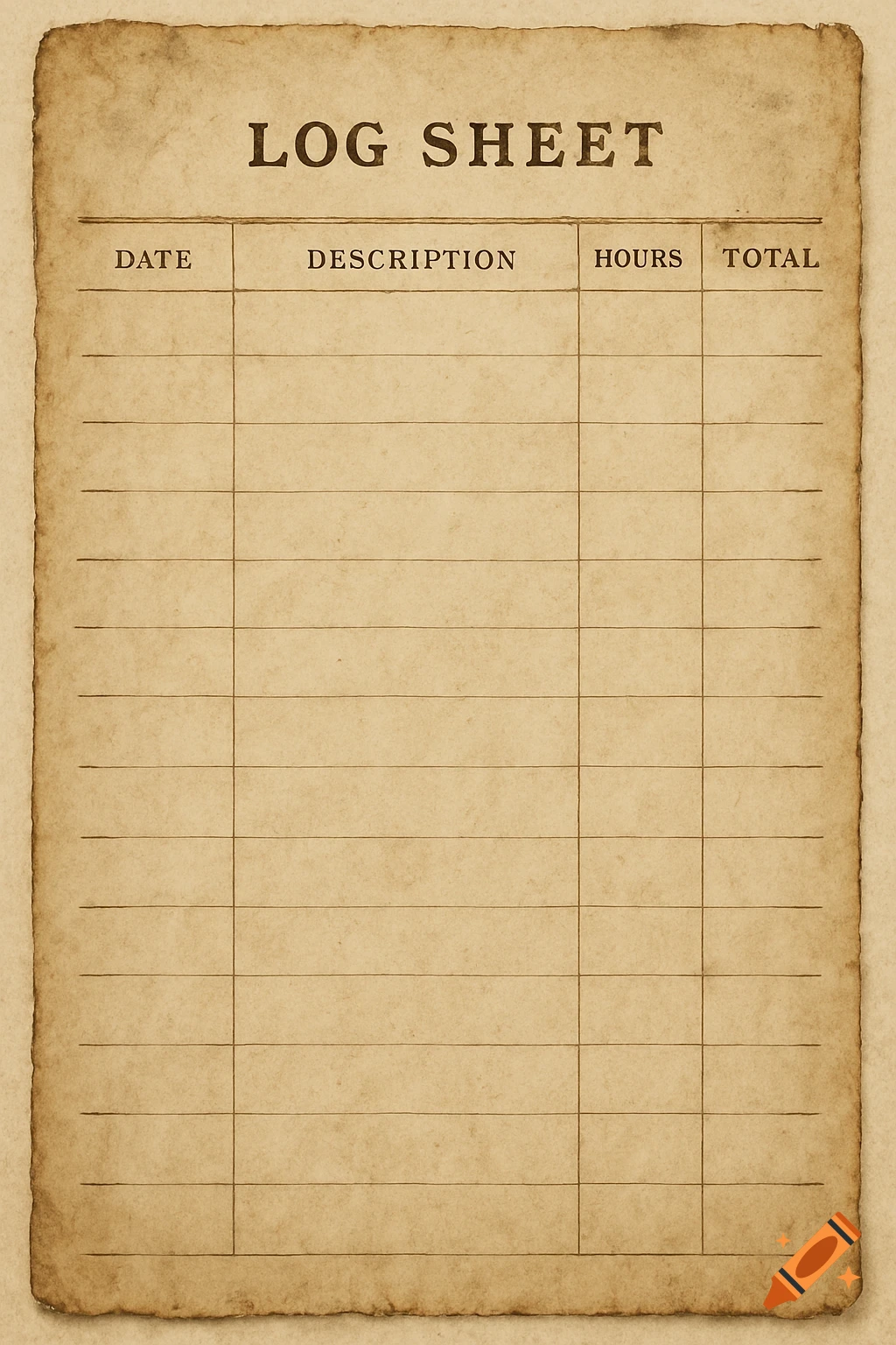 A blank, worn log sheet with lines and columns for date, description, hours, and total.
