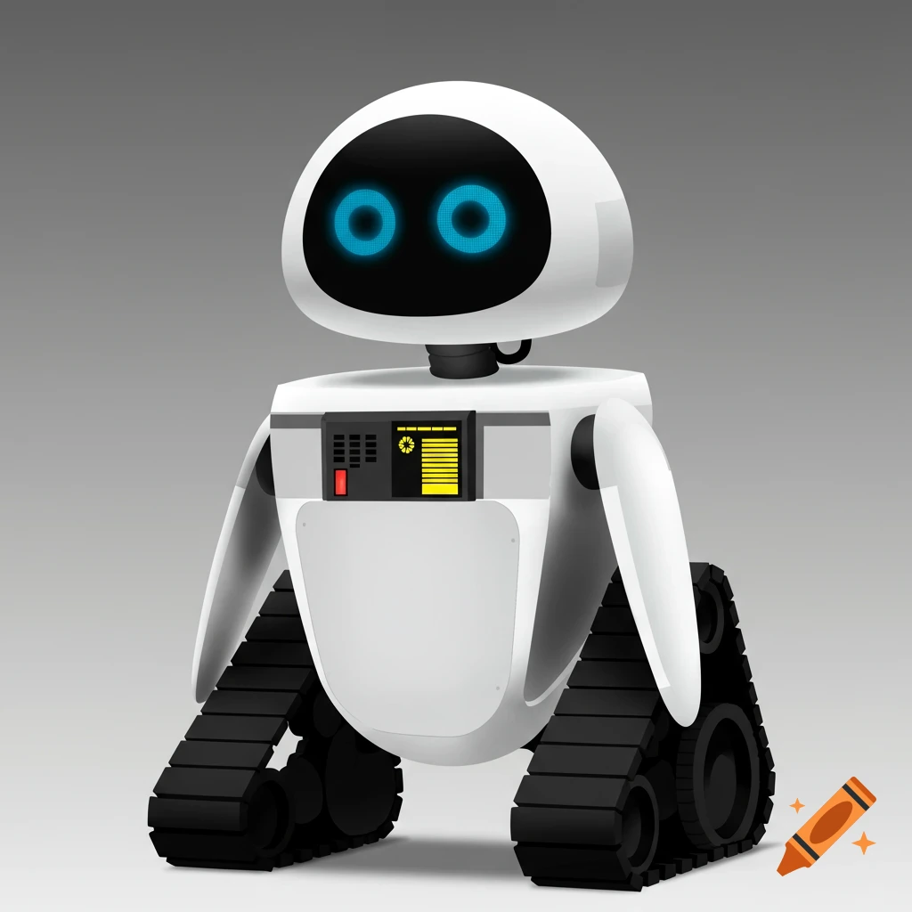 Minimalist robot inspired by Eve from Wall-E with blue eyes and tank treads.