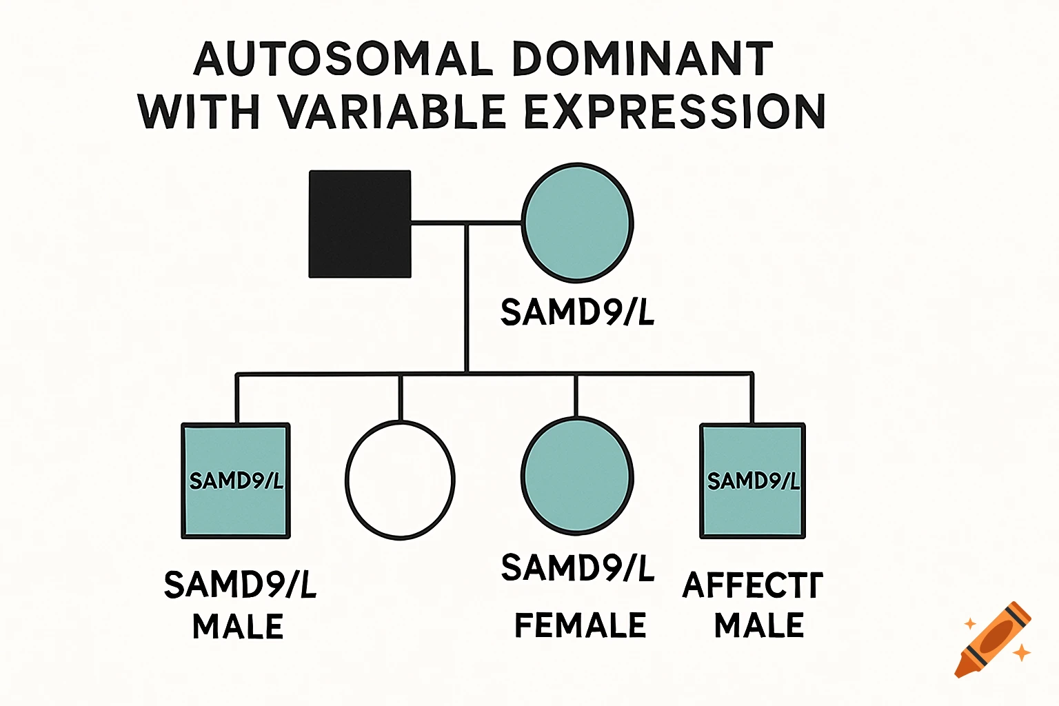 A pedigree diagram showing autosomal dominant inheritance of gene SAMD9/L.
