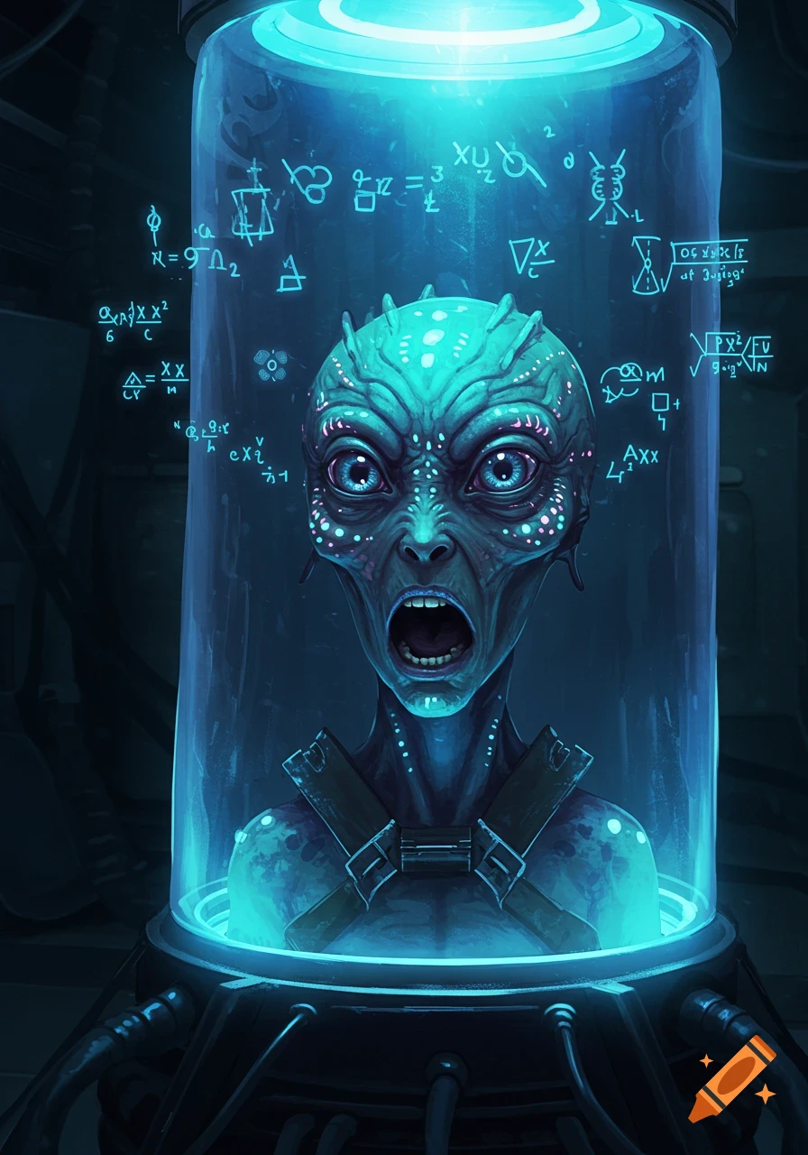 A wide-eyed alien in a glowing containment tube surrounded by floating scientific symbols.