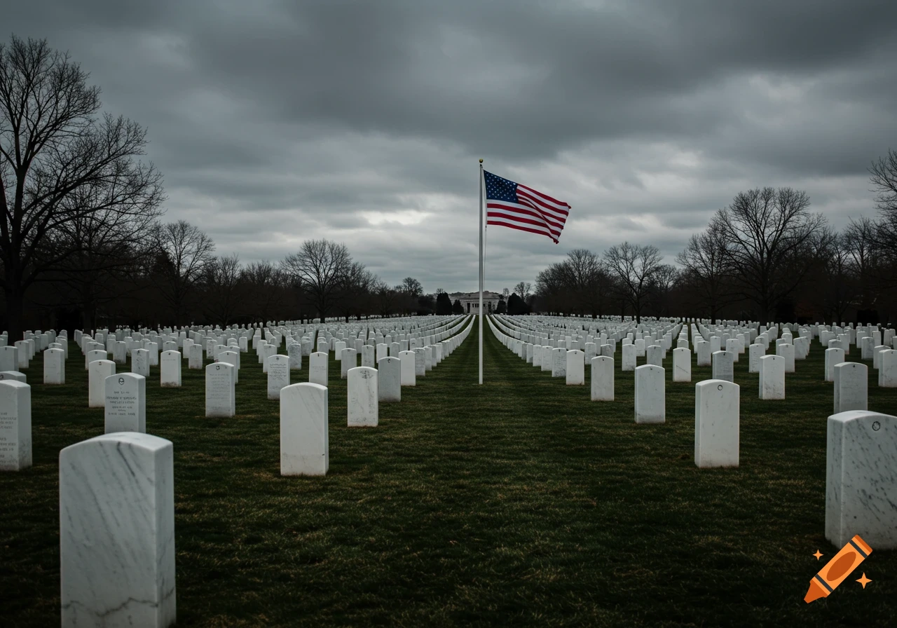 A field of white gravestones stretches towards a distant building under a cloudy sky, with an American flag flying in the center.