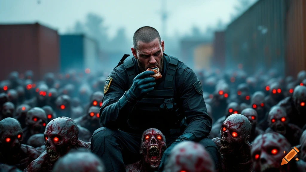 Man sits on container eating food, surrounded by blood-covered zombies with glowing red eyes.