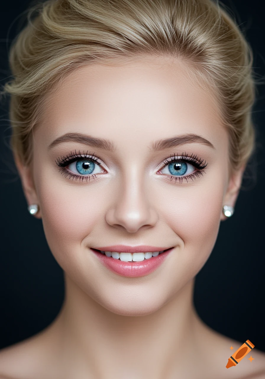 Closeup photorealistic portrait of a smiling blonde woman with blue ...
