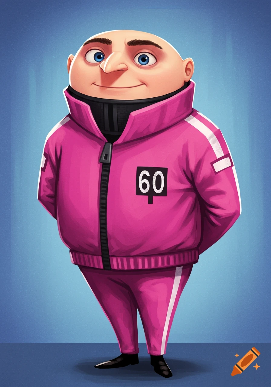 Gru in a pink Squid Game tracksuit