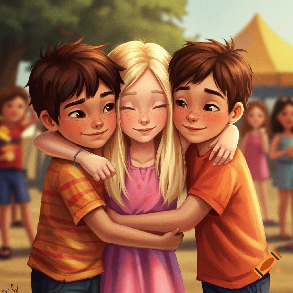 Three smiling children with freckles hug each other in a bright illustration.