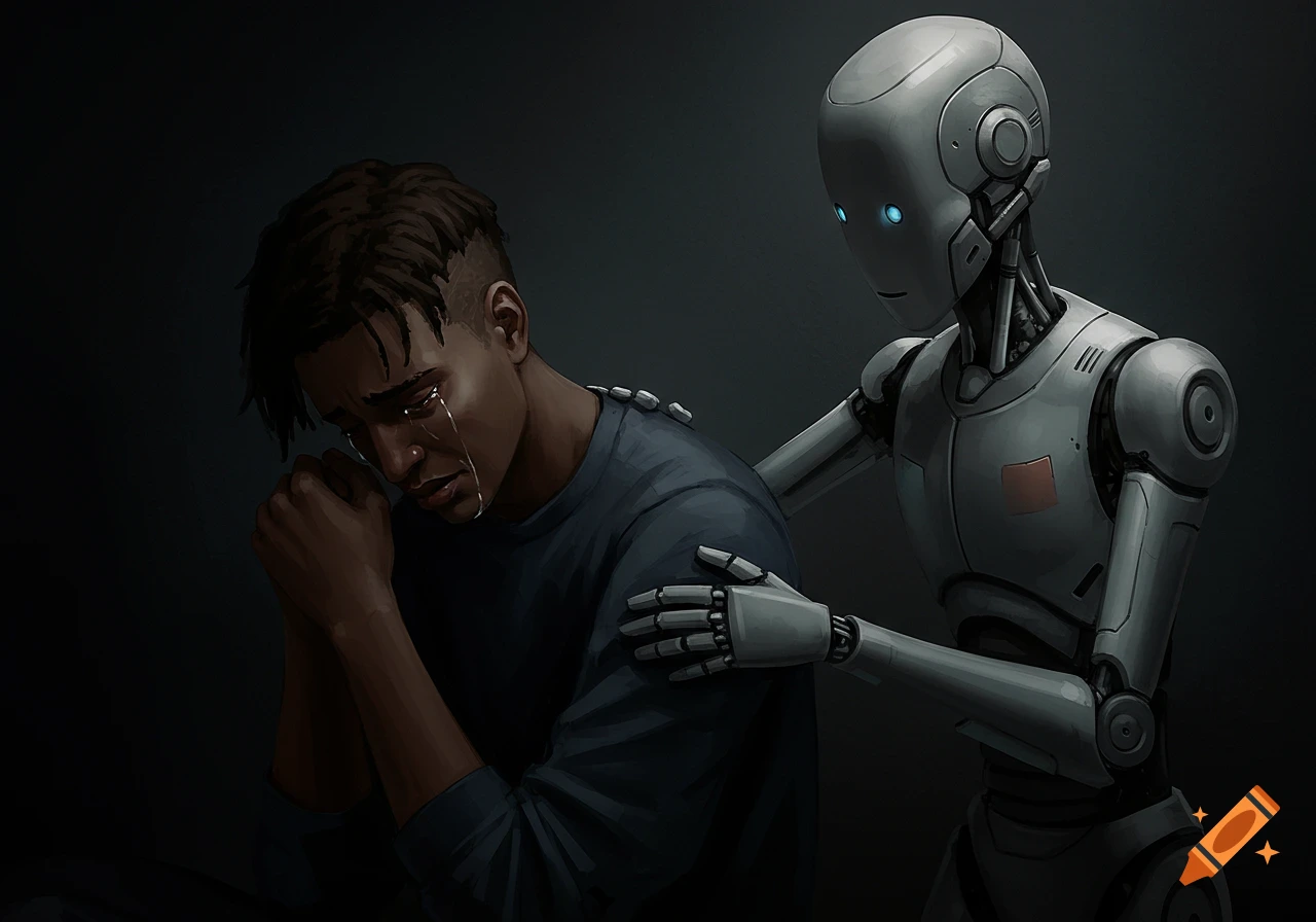 A crying human is comforted by a robot in a dark room.