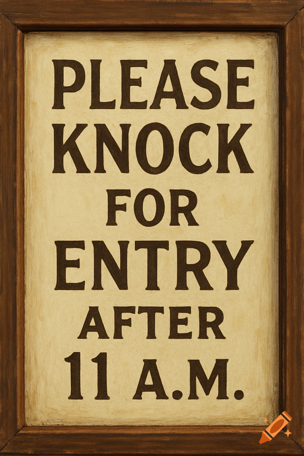 A wooden sign with the text 'Please Knock for Entry after 11 a.m.'