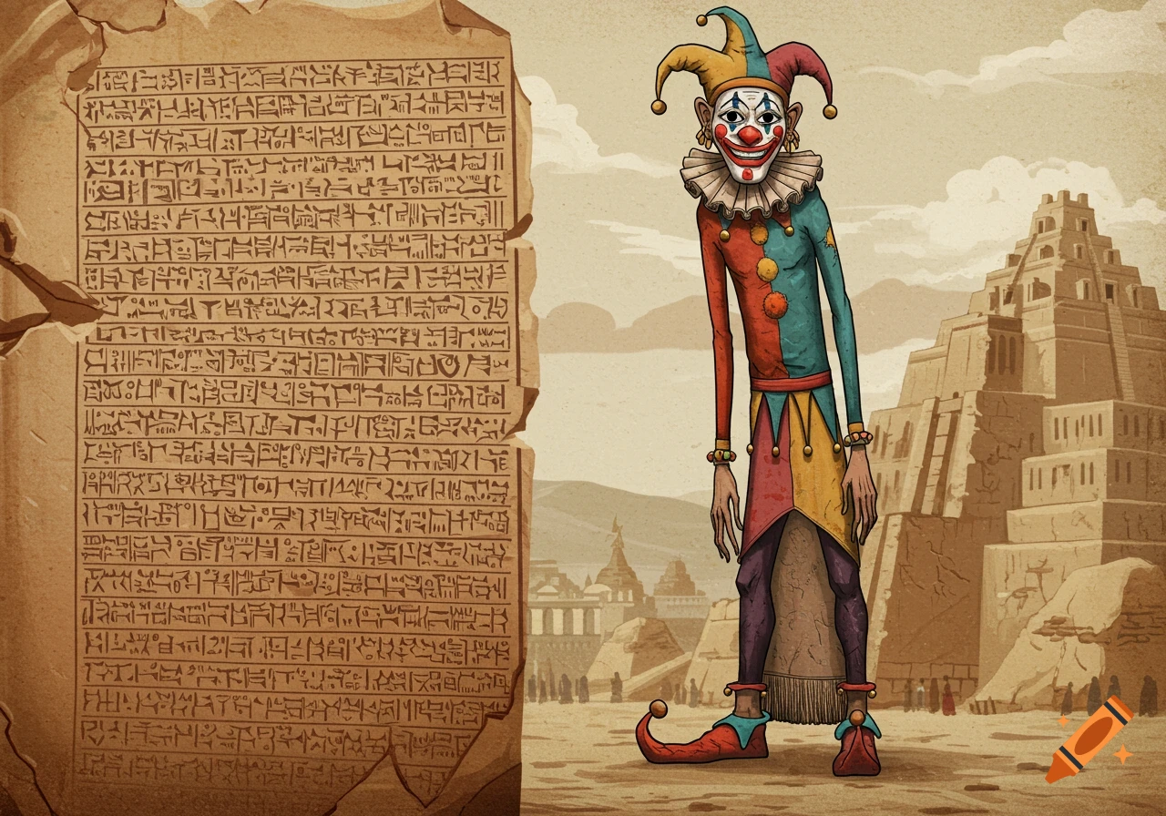 A stylized clown figure stands next to an inscribed stone tablet in a desert with pyramids.