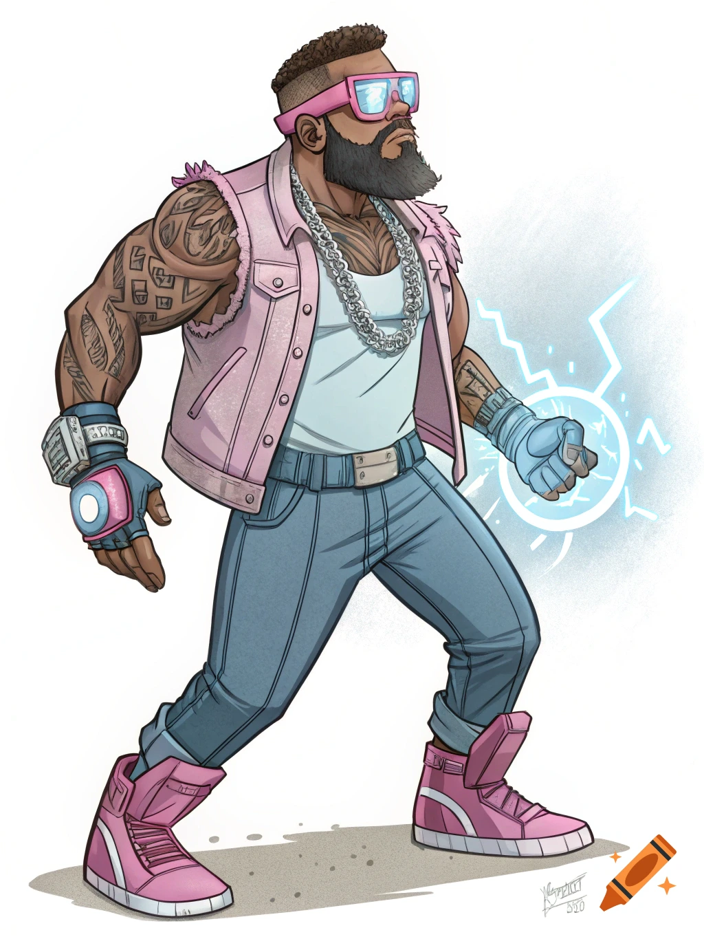 Comic book illustration of a muscular man in 80s style clothes with tattoos and futuristic gear, summoning power.