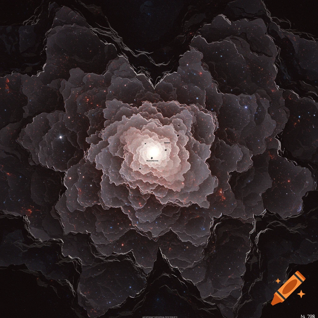 Abstract fractal formation resembling a cosmic flower or nebula with stars.