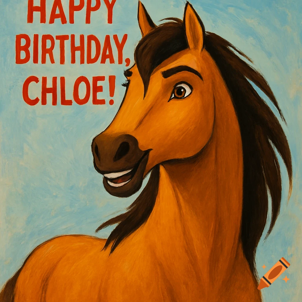Painting of Spirit the horse with the text 'HAPPY BIRTHDAY, CHLOE!' above his head.