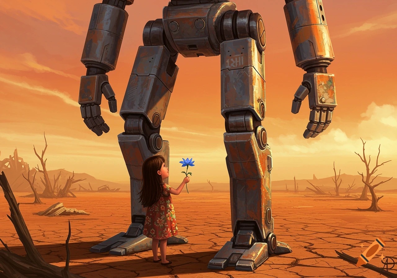 A little girl offers a blue flower to a large rusty robot in a dry, cracked wasteland under an orange sky.