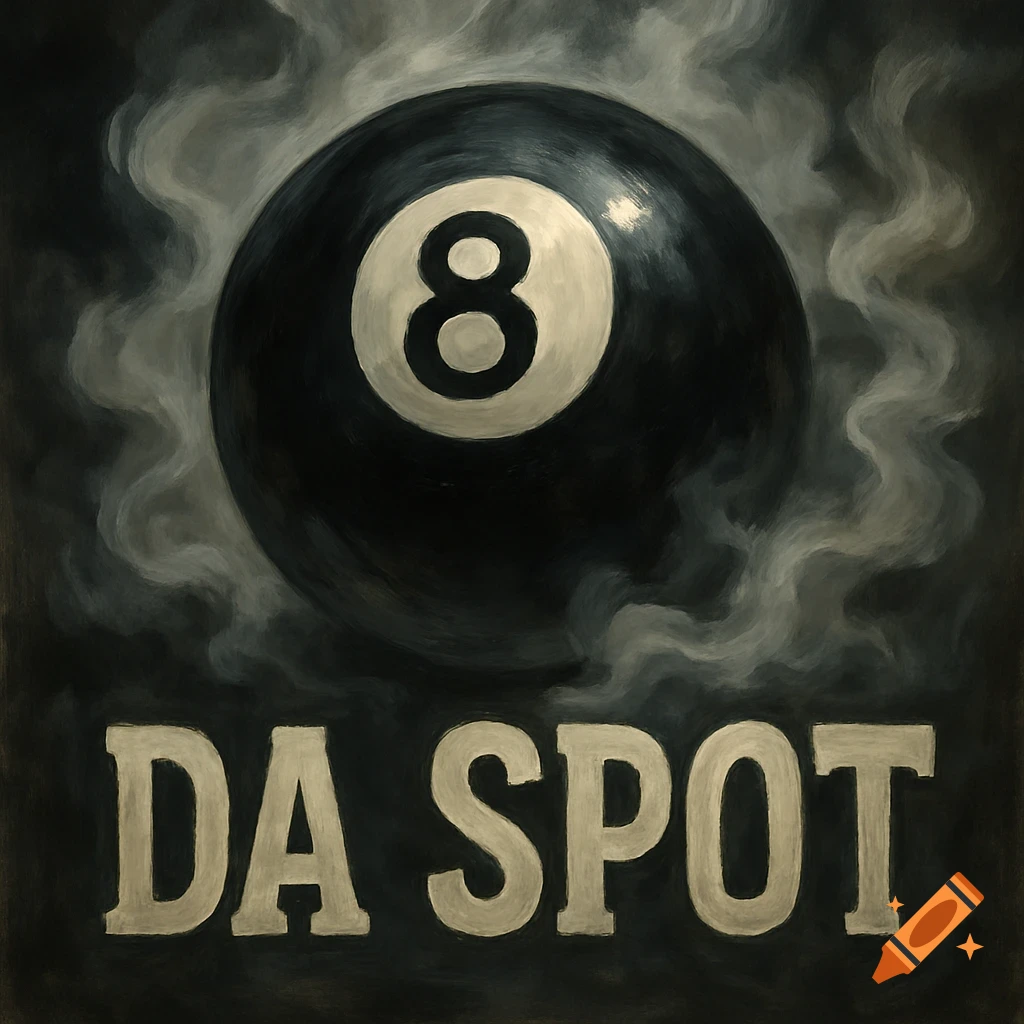 Painterly image of an 8-ball surrounded by smoke with the text 'DA SPOT' below.