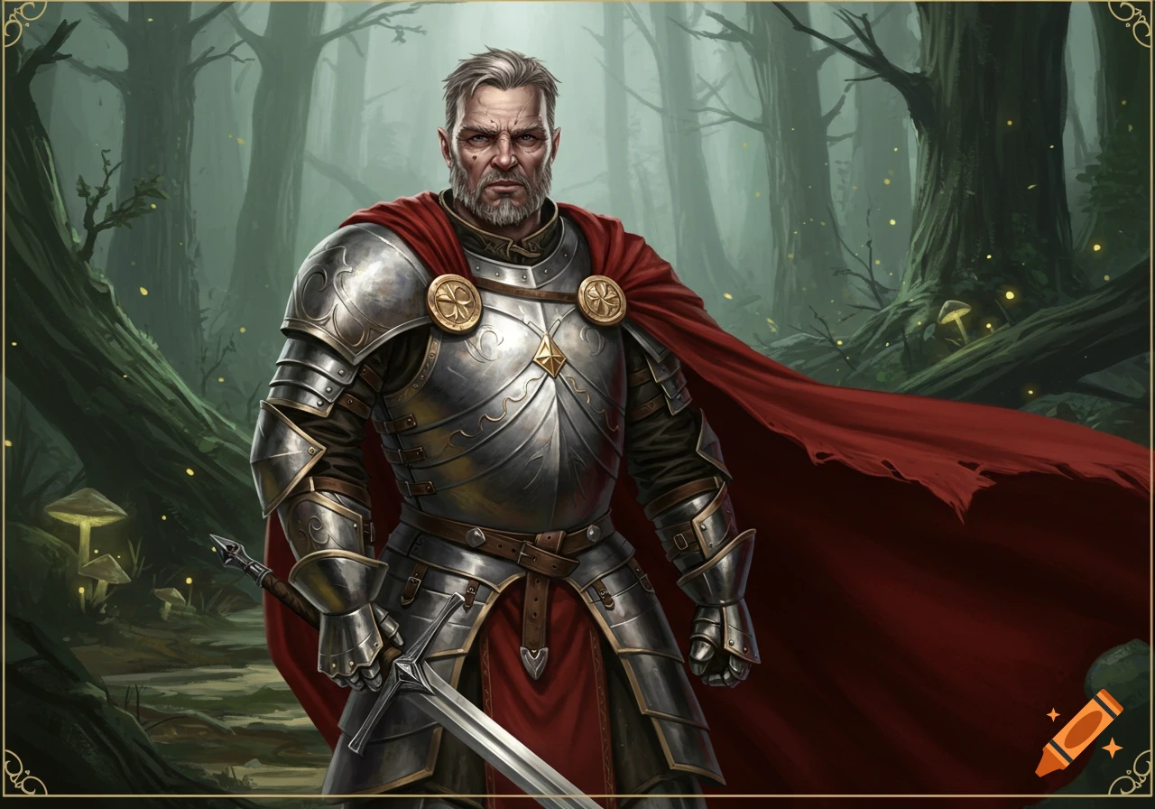 A knight in full armor and a red cape stands in a misty forest, holding a sword.