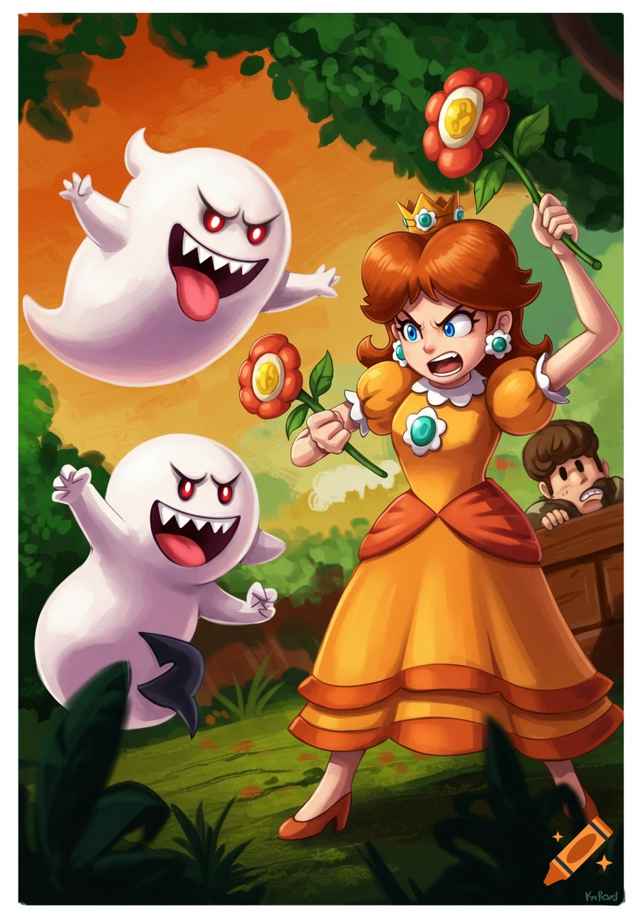 Princess Daisy fights two Boos with Fire Flowers while Luigi hides in a cartoon style.