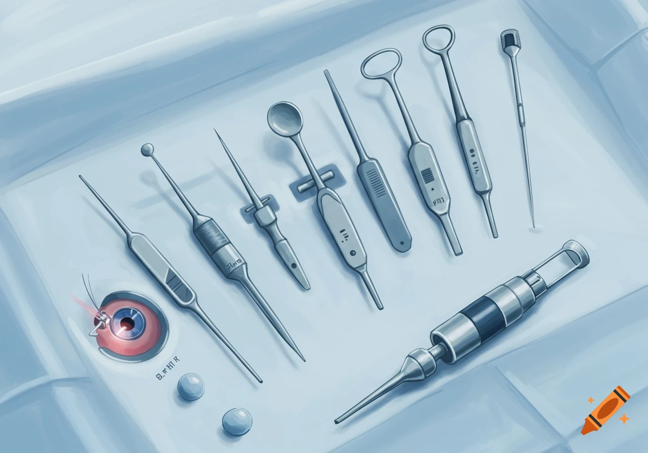 Illustration of medical surgical instruments, including one interacting with an eye.