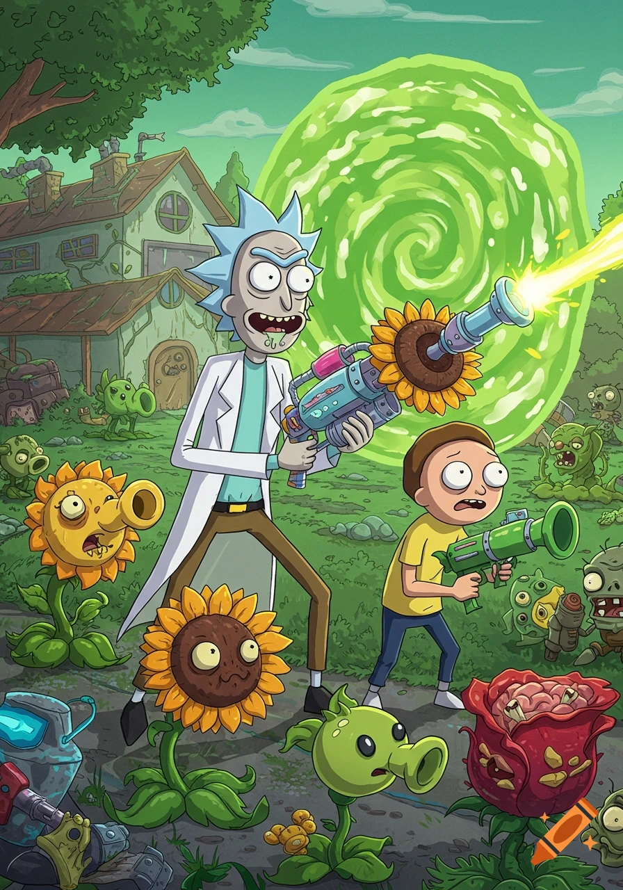 Rick and Morty fight plant and zombie characters from Plants vs. Zombies in a cartoon illustration.