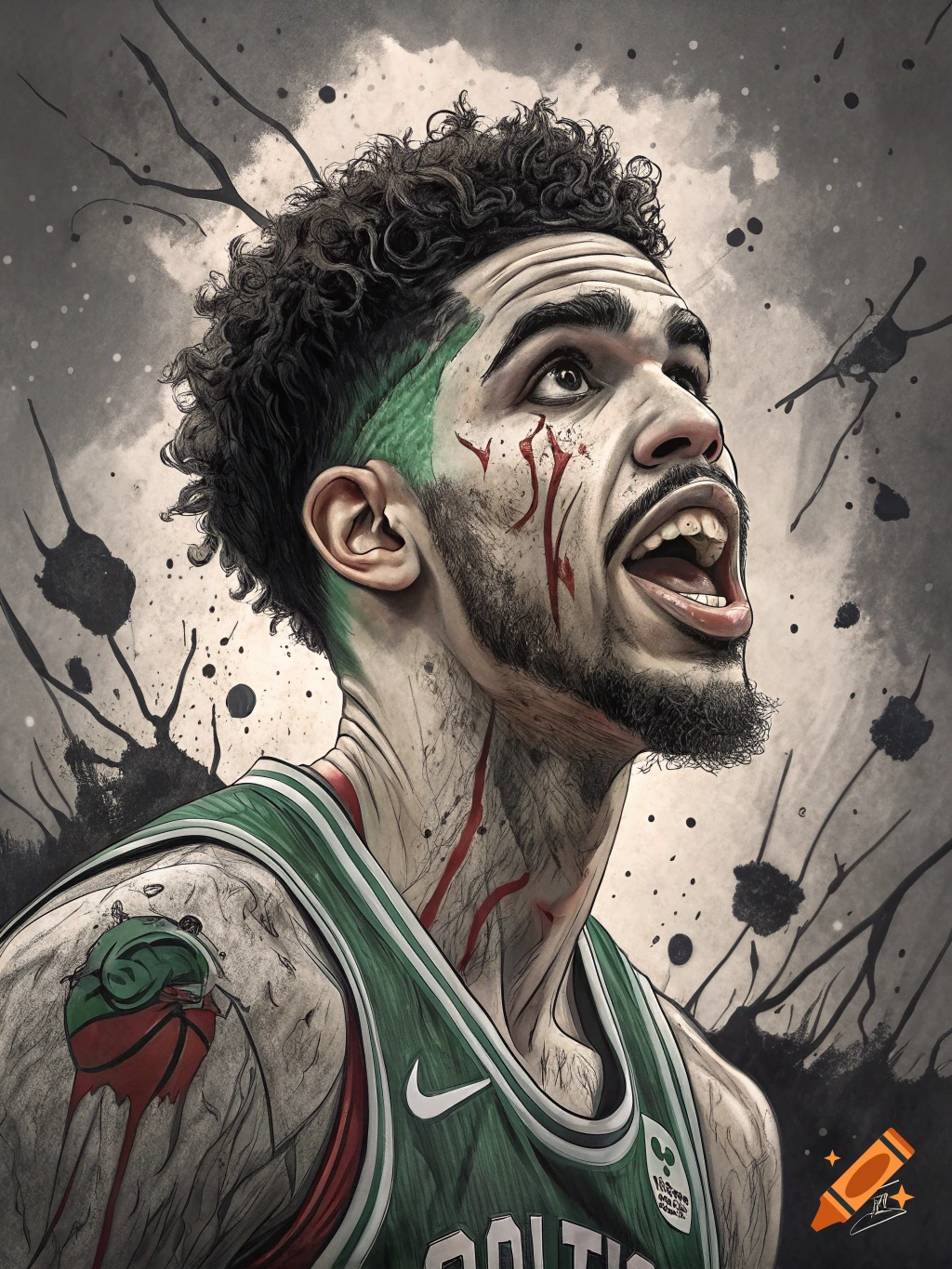 Stylized portrait of Jayson Tatum in a distressed, inky art style, wearing a Celtics jersey with splatter effects.