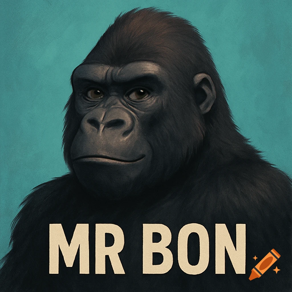 Portrait of a black gorilla with the text MR BON below.