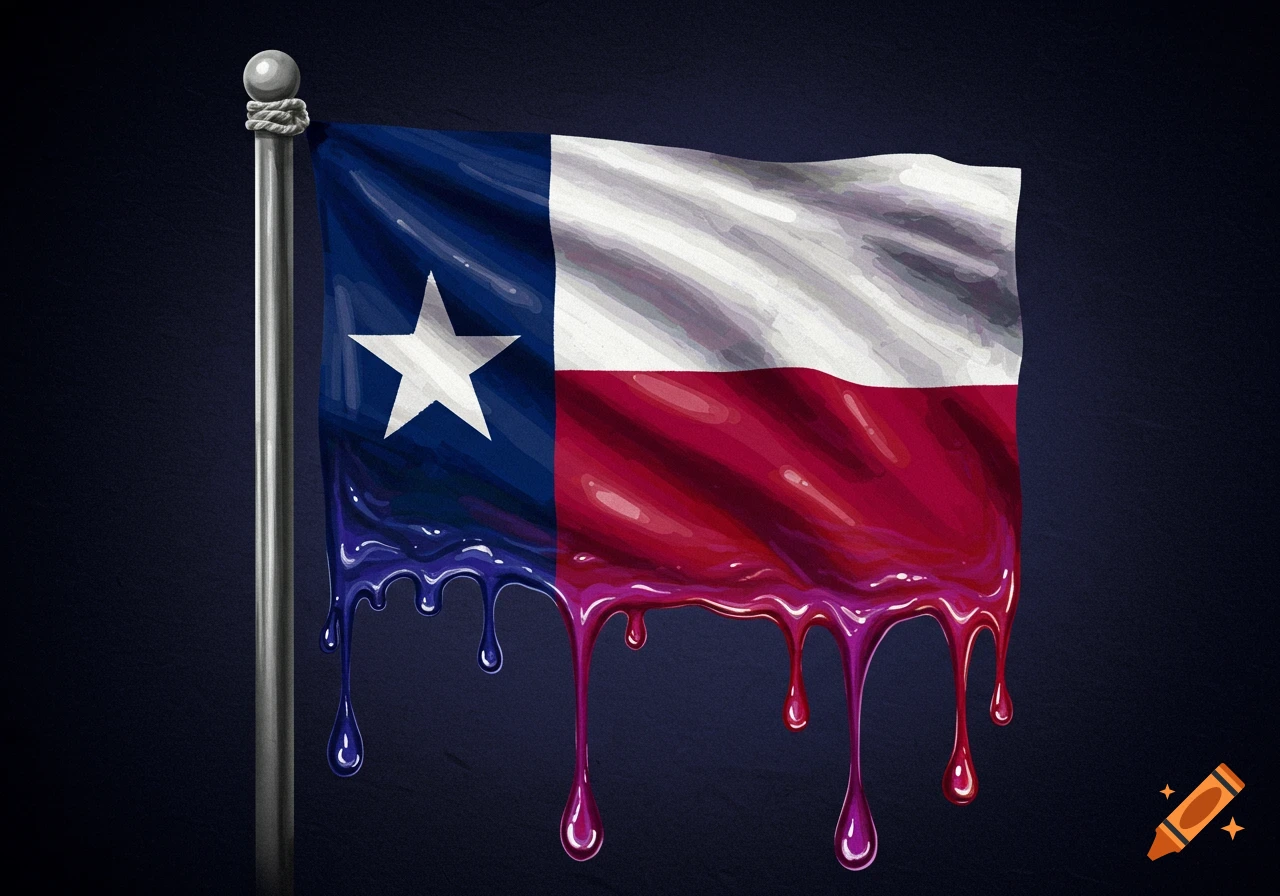 Illustration of the Texas flag dripping purple liquid on a dark background