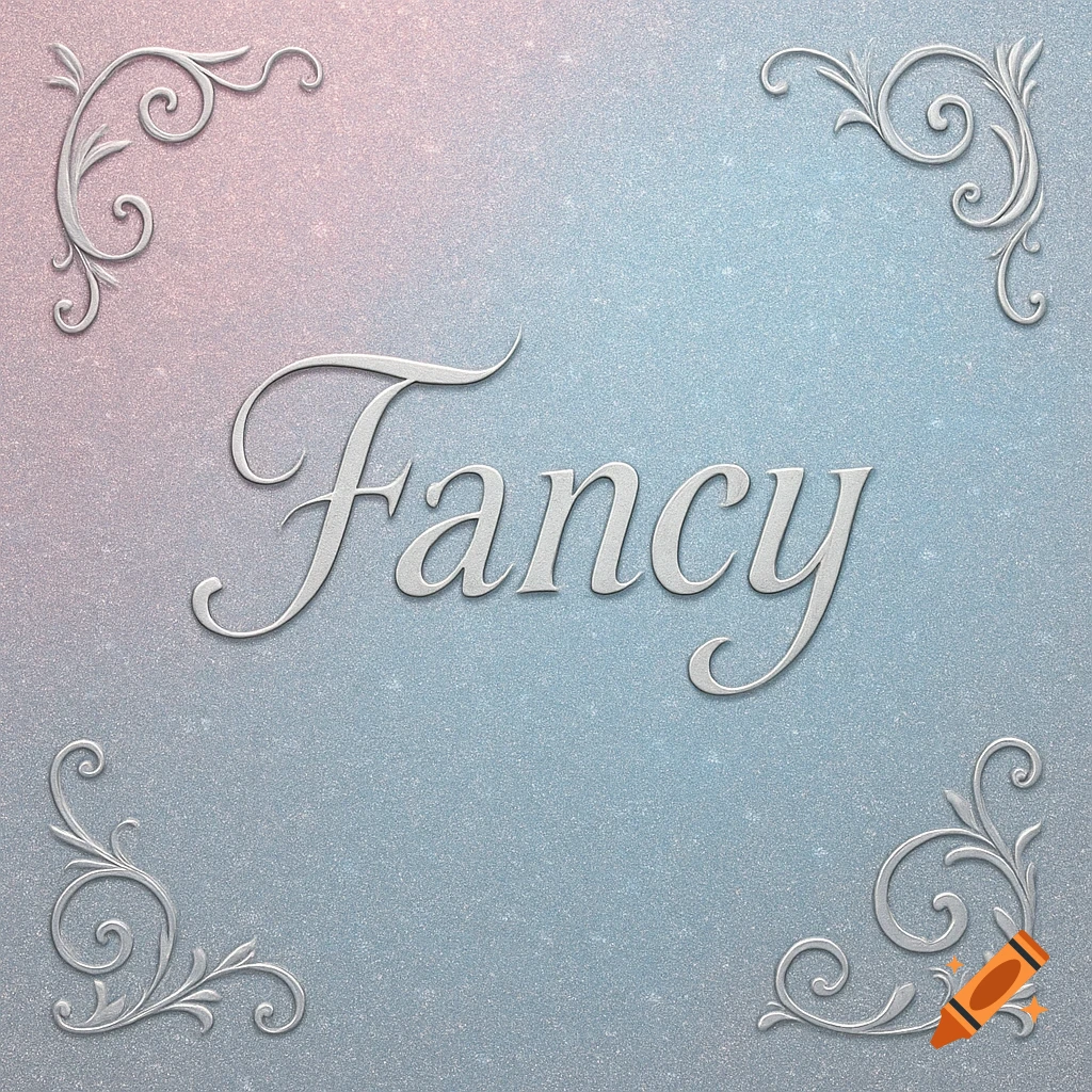 Glittery pink and blue gradient background with silver flourishes in the corners and the word Fancy in silver script.