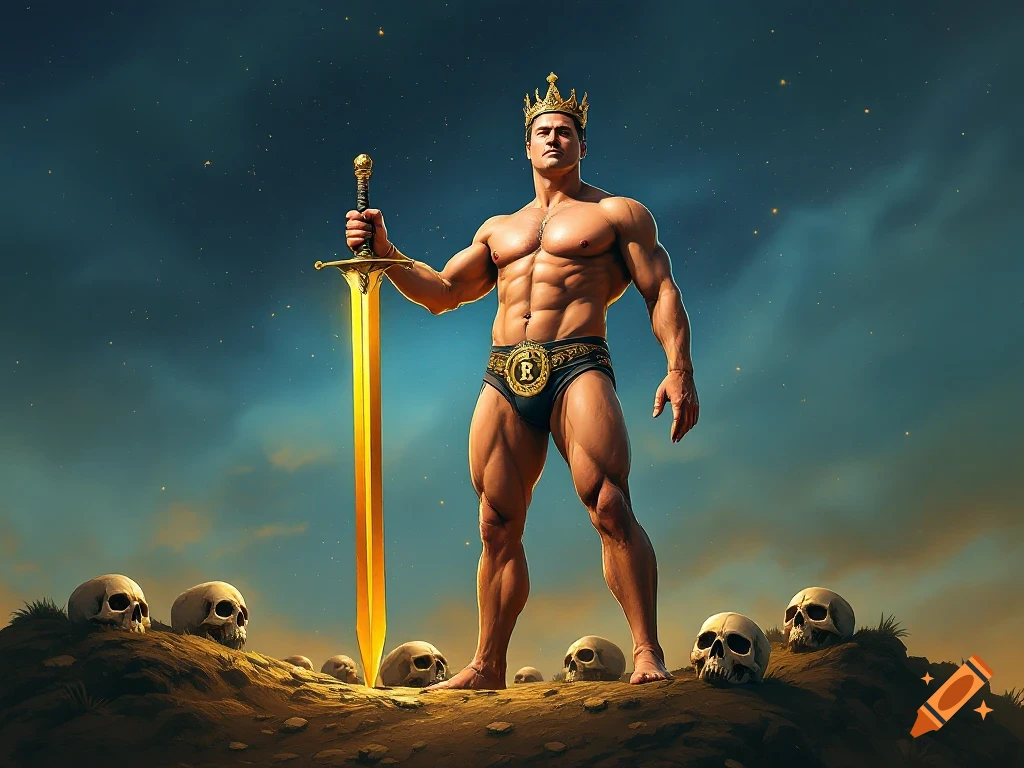 Muscular man with crown and golden sword stands on skull-covered hill under starry sky