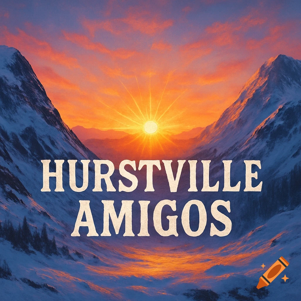 Sunrise over snowy mountains with the text HURSTVILLE AMIGOS overlaid.