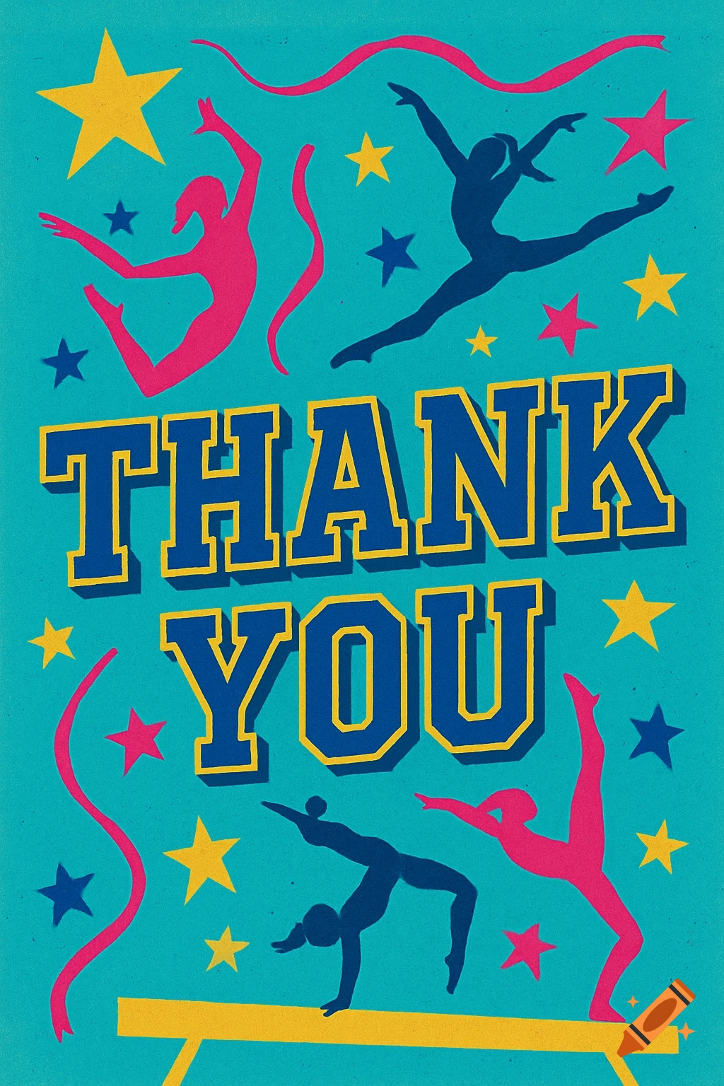 Bright graphic with blue varsity-style text "THANK YOU", pink and blue gymnast silhouettes, stars, and ribbons on a teal background.